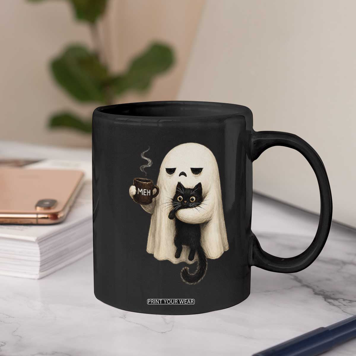 Meh Boojee Sleepy Ghost Holding Black Cat Drinking Coffee Coffee Mug Spooky Halloween Cute Autumn Morning Mood Graphic