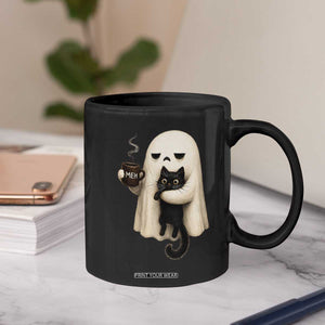 Meh Boojee Sleepy Ghost Holding Black Cat Drinking Coffee Coffee Mug Spooky Halloween Cute Autumn Morning Mood Graphic