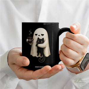 Meh Boojee Sleepy Ghost Holding Black Cat Drinking Coffee Coffee Mug Spooky Halloween Cute Autumn Morning Mood Graphic