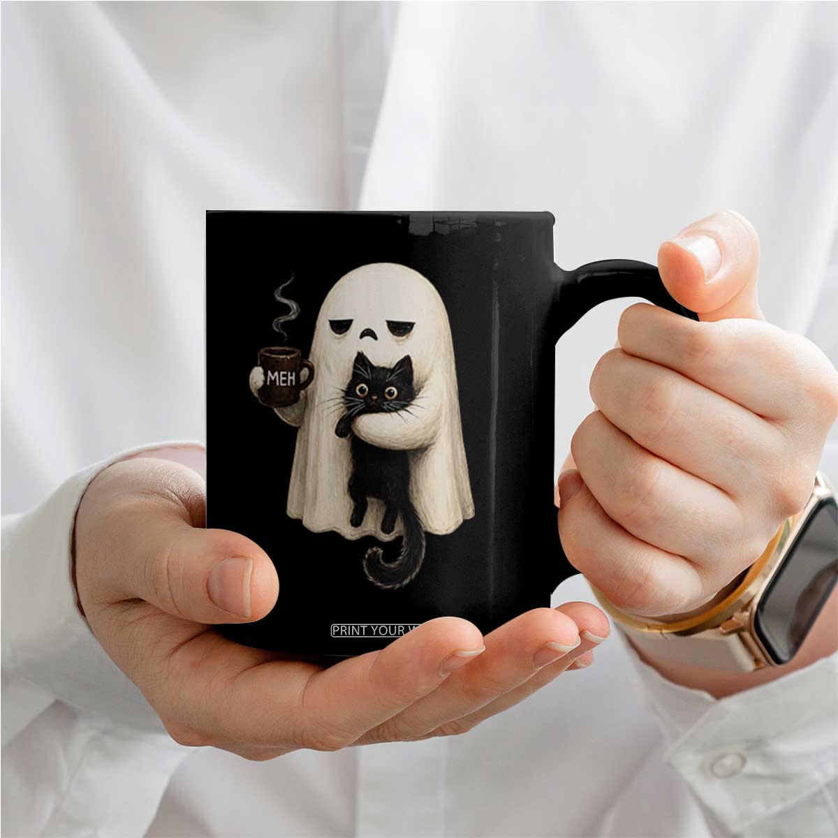 Meh Boojee Sleepy Ghost Holding Black Cat Drinking Coffee Coffee Mug Spooky Halloween Cute Autumn Morning Mood Graphic