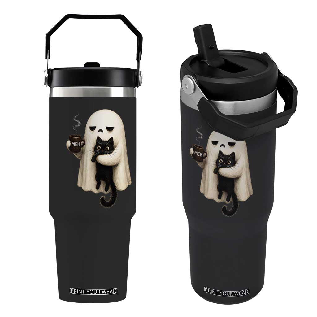 Meh Boojee Sleepy Ghost Holding Black Cat Drinking Coffee Flip Straw Tumbler Spooky Halloween Cute Autumn Morning Mood Graphic TS02 One Size: 30 oz Black Print Your Wear