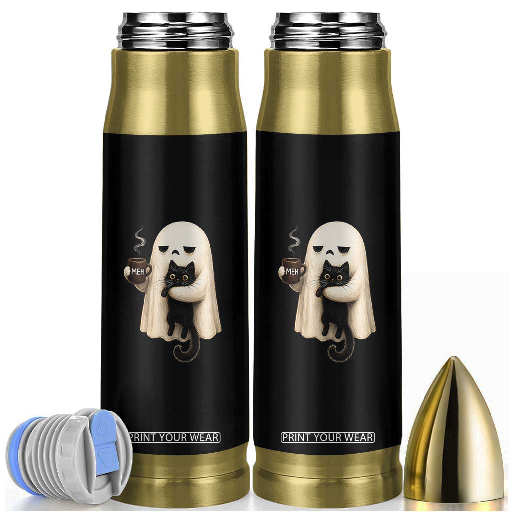 Meh Boojee Sleepy Ghost Holding Black Cat Drinking Coffee Bullet Tumbler Spooky Halloween Cute Autumn Morning Mood Graphic TS02 Black Print Your Wear