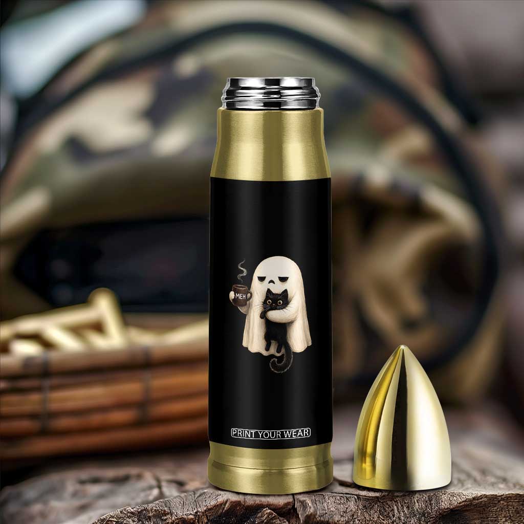 Meh Boojee Sleepy Ghost Holding Black Cat Drinking Coffee Bullet Tumbler Spooky Halloween Cute Autumn Morning Mood Graphic