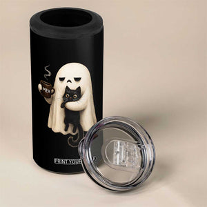 Meh Boojee Sleepy Ghost Holding Black Cat Drinking Coffee 4 in 1 Can Cooler Tumbler Spooky Halloween Cute Autumn Morning Mood Graphic