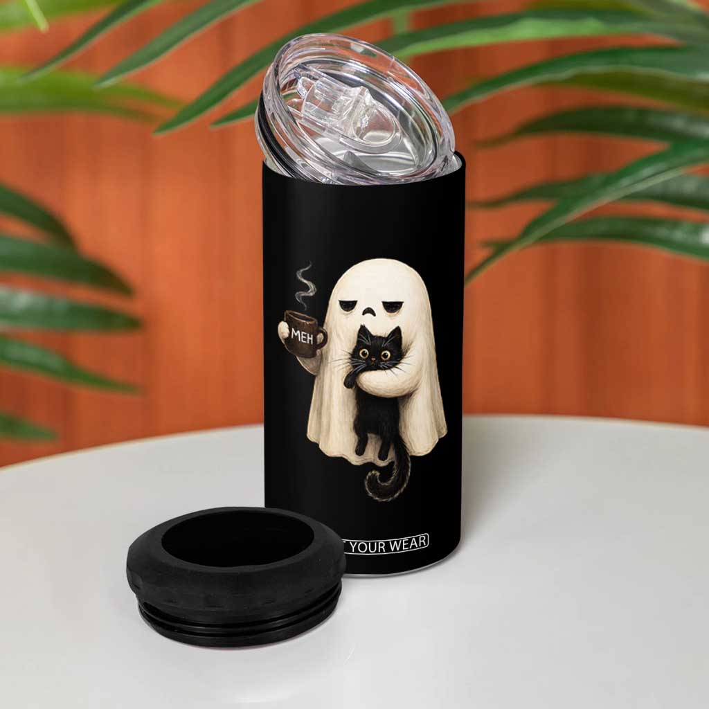 Meh Boojee Sleepy Ghost Holding Black Cat Drinking Coffee 4 in 1 Can Cooler Tumbler Spooky Halloween Cute Autumn Morning Mood Graphic