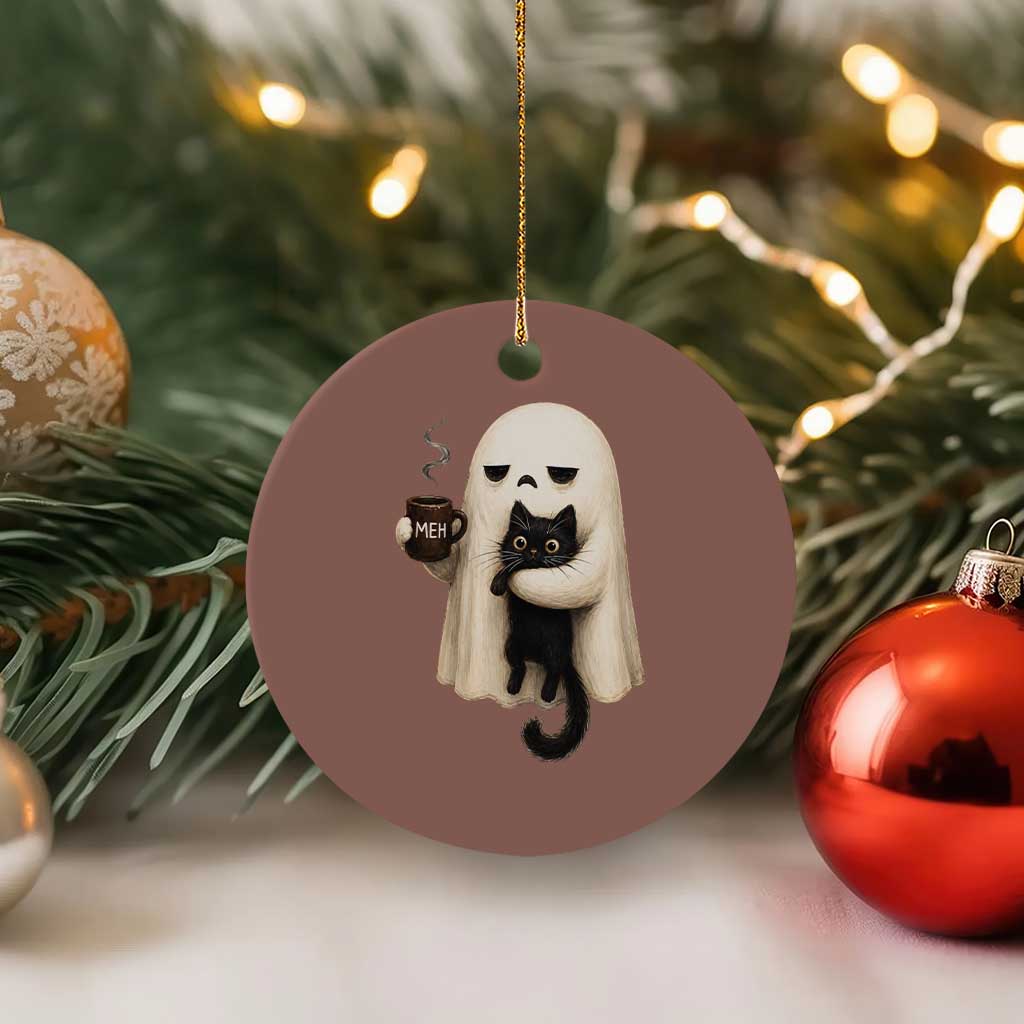 Meh Boojee Sleepy Ghost Holding Black Cat Drinking Coffee Ceramic Ornament Spooky Halloween Cute Autumn Morning Mood Graphic