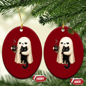 Meh Boojee Sleepy Ghost Holding Black Cat Drinking Coffee Ceramic Ornament Spooky Halloween Cute Autumn Morning Mood Graphic