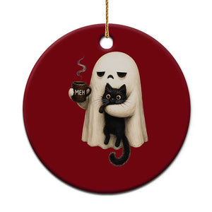 Meh Boojee Sleepy Ghost Holding Black Cat Drinking Coffee Ceramic Ornament Spooky Halloween Cute Autumn Morning Mood Graphic