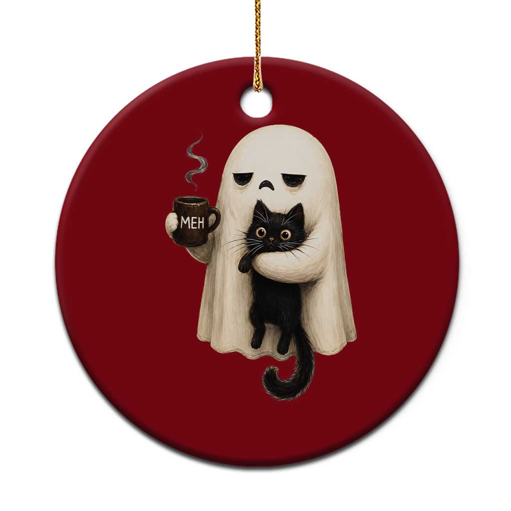Meh Boojee Sleepy Ghost Holding Black Cat Drinking Coffee Ceramic Ornament Spooky Halloween Cute Autumn Morning Mood Graphic TS02 1pc Red Print Your Wear