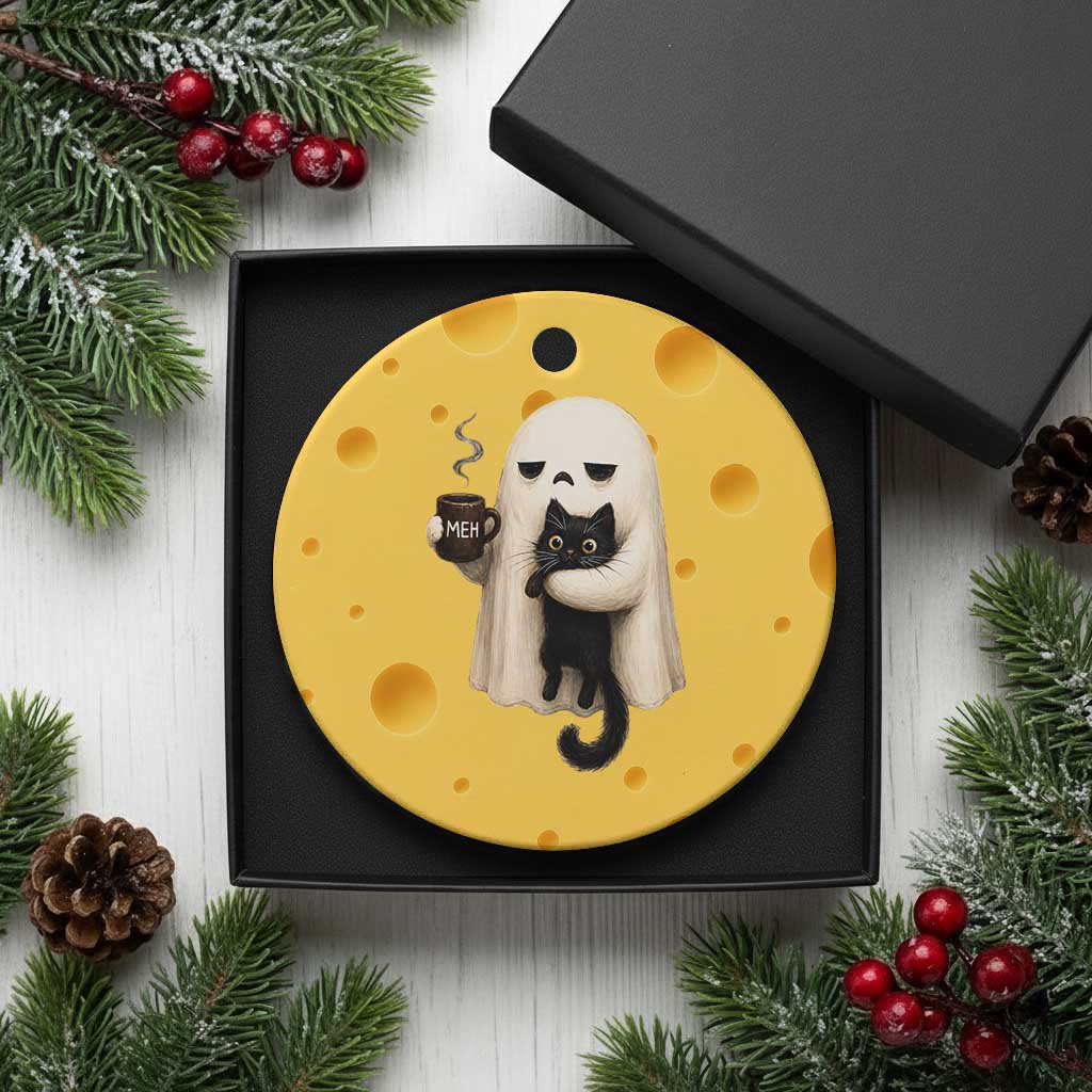 Meh Boojee Sleepy Ghost Holding Black Cat Drinking Coffee Ceramic Ornament Spooky Halloween Cute Autumn Morning Mood Graphic