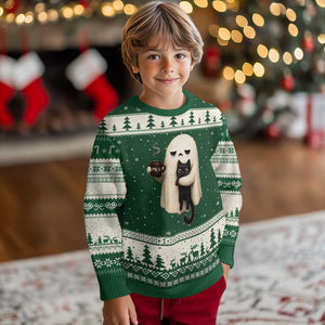 Meh Boojee Sleepy Ghost Holding Black Cat Drinking Coffee Ugly Christmas Sweater Spooky Halloween Cute Autumn Morning Mood Graphic