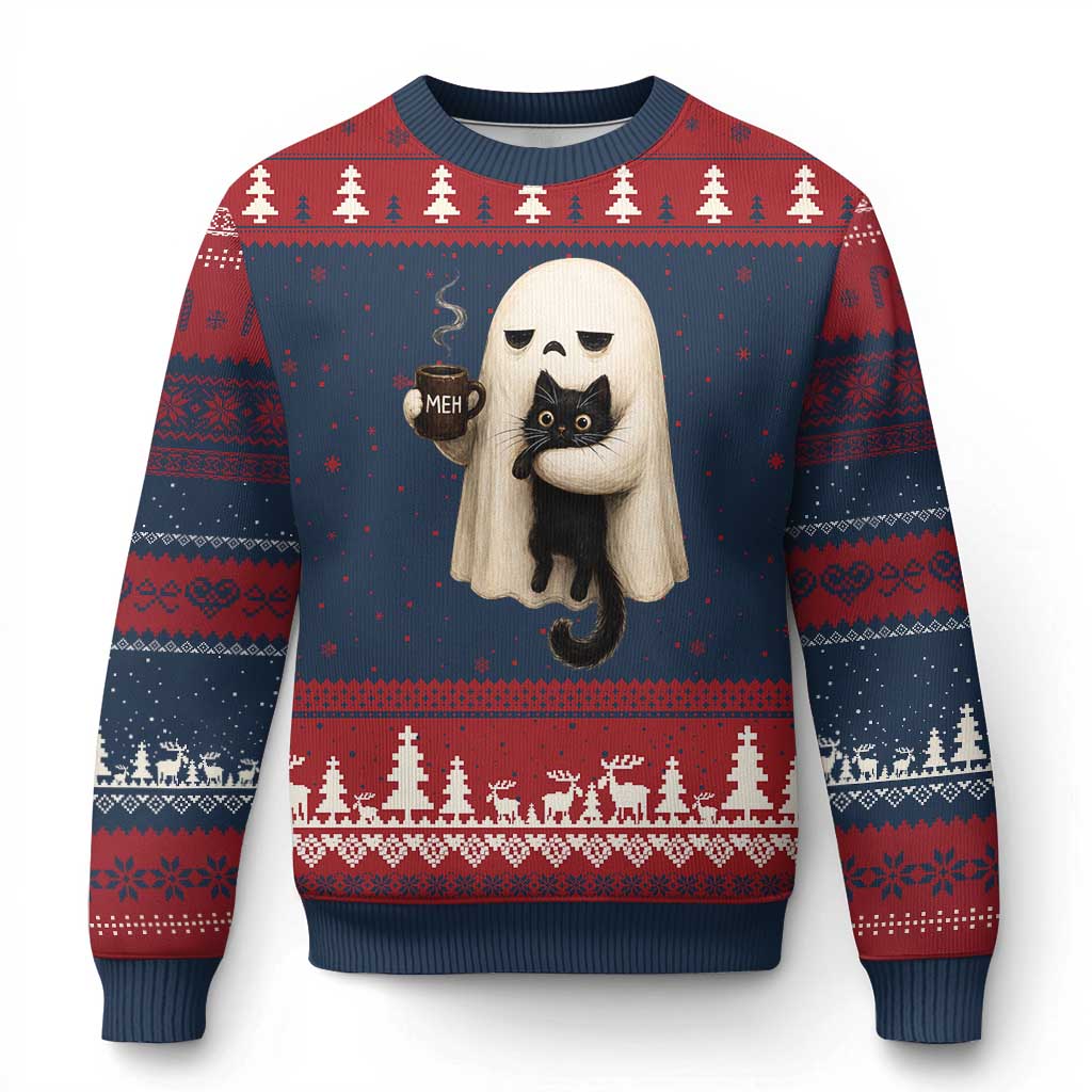 Meh Boojee Sleepy Ghost Holding Black Cat Drinking Coffee Ugly Christmas Sweater Spooky Halloween Cute Autumn Morning Mood Graphic TS02 Navy Red Print Your Wear