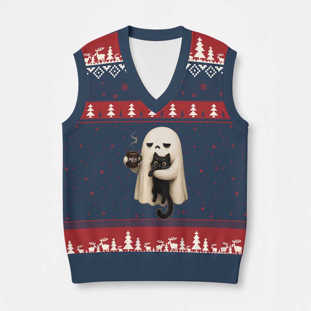 Meh Boojee Sleepy Ghost Holding Black Cat Drinking Coffee V-Neck Knit Sweater Vest Spooky Halloween Cute Autumn Morning Mood Graphic TS02 Navy Red Print Your Wear