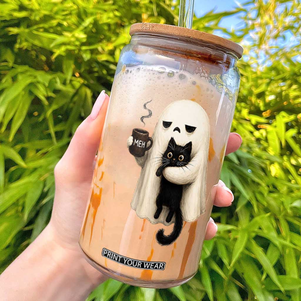 Meh Boojee Sleepy Ghost Holding Black Cat Drinking Coffee Glass Can Spooky Halloween Cute Autumn Morning Mood Graphic TS02 Black Print Your Wear