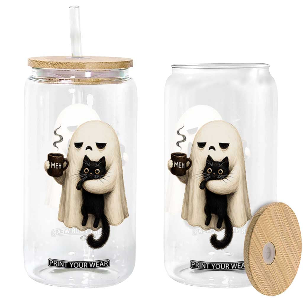 Meh Boojee Sleepy Ghost Holding Black Cat Drinking Coffee Glass Can Spooky Halloween Cute Autumn Morning Mood Graphic