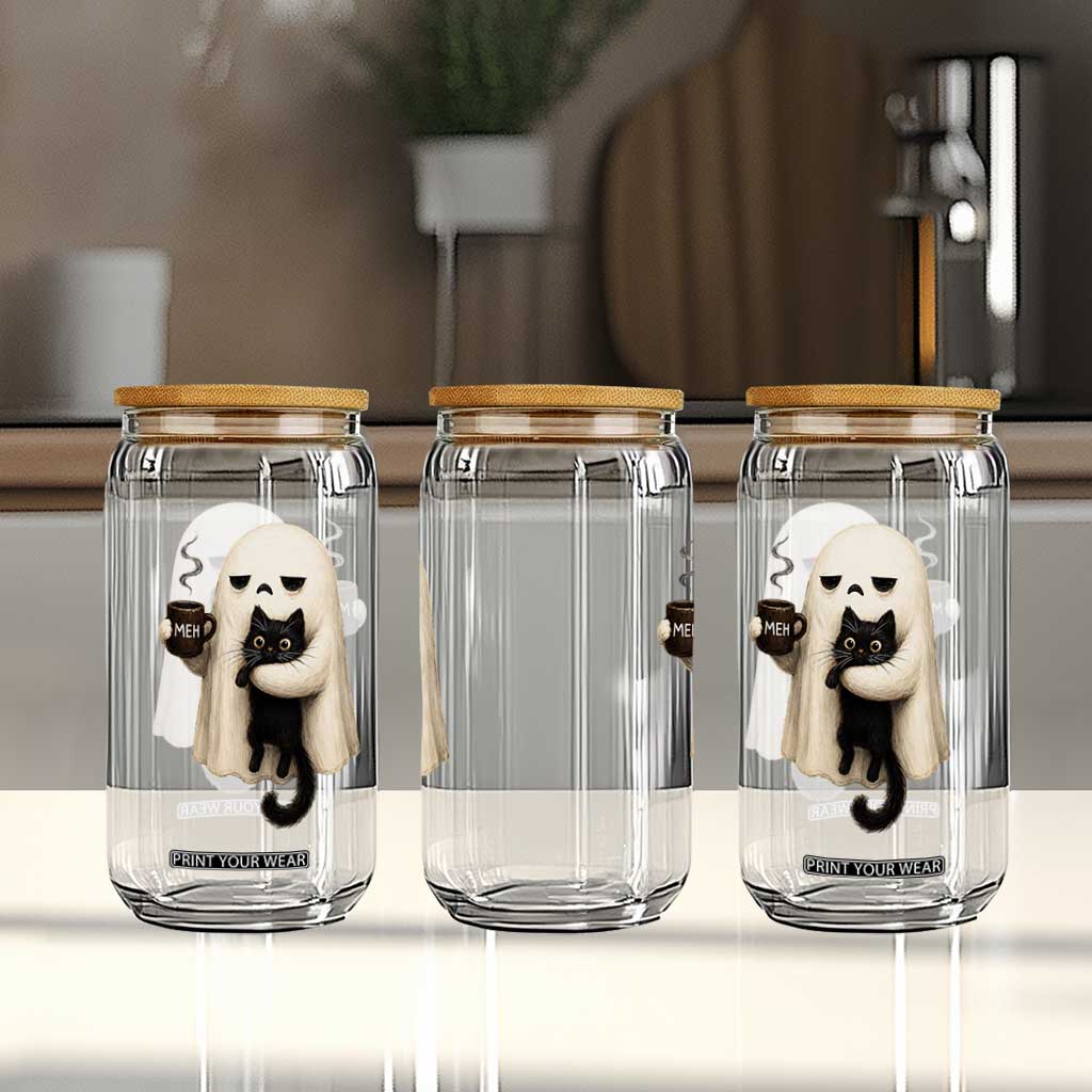 Meh Boojee Sleepy Ghost Holding Black Cat Drinking Coffee Glass Can Spooky Halloween Cute Autumn Morning Mood Graphic