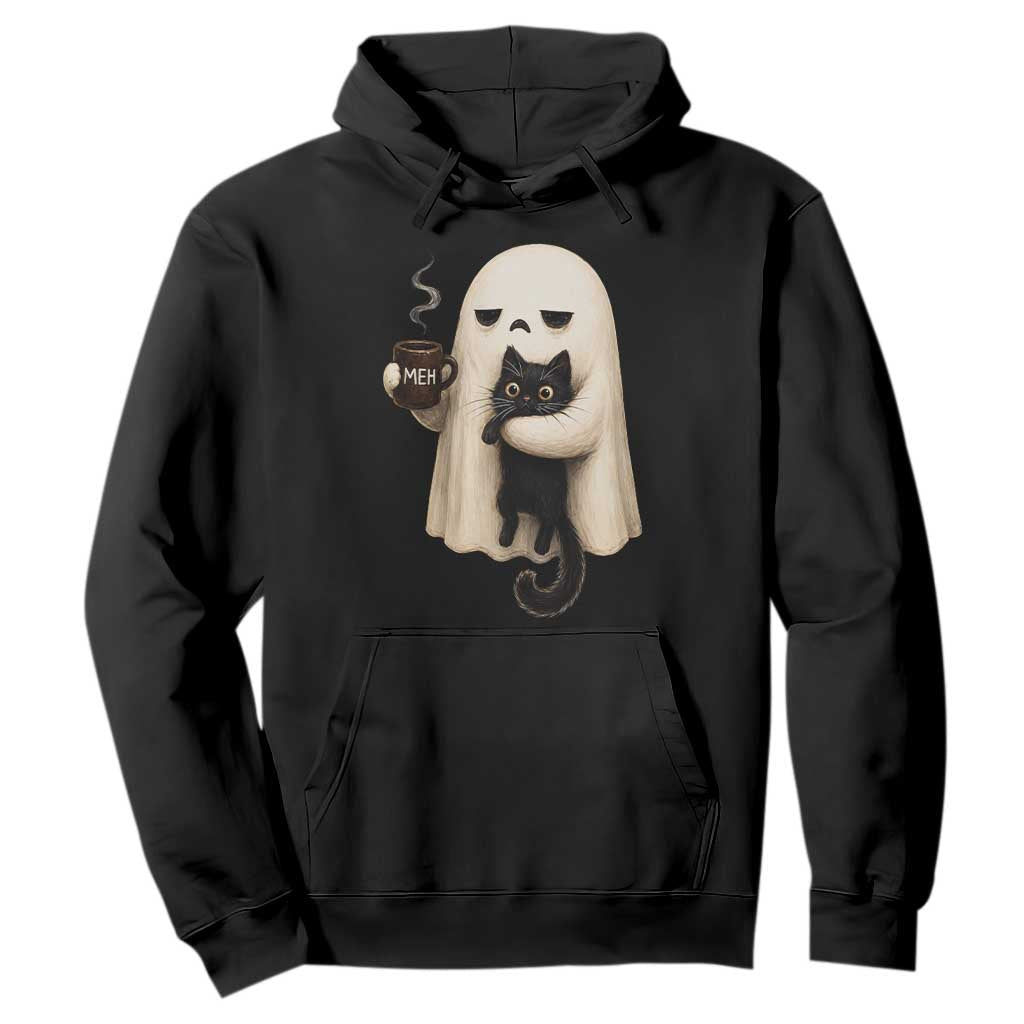 Meh Boojee Sleepy Ghost Holding Black Cat Drinking Coffee Hoodie Spooky Halloween Cute Autumn Morning Mood Graphic TS02 Black Print Your Wear
