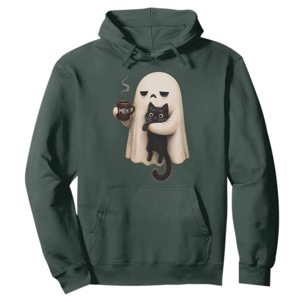 Meh Boojee Sleepy Ghost Holding Black Cat Drinking Coffee Hoodie Spooky Halloween Cute Autumn Morning Mood Graphic