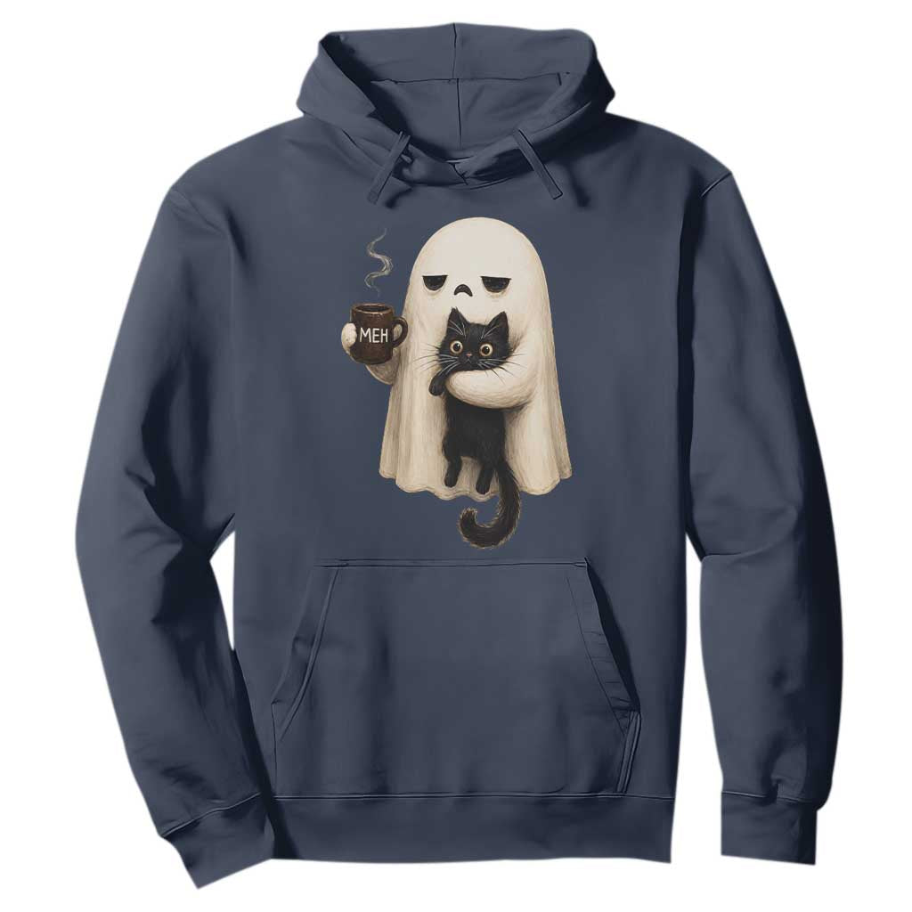 Meh Boojee Sleepy Ghost Holding Black Cat Drinking Coffee Hoodie Spooky Halloween Cute Autumn Morning Mood Graphic