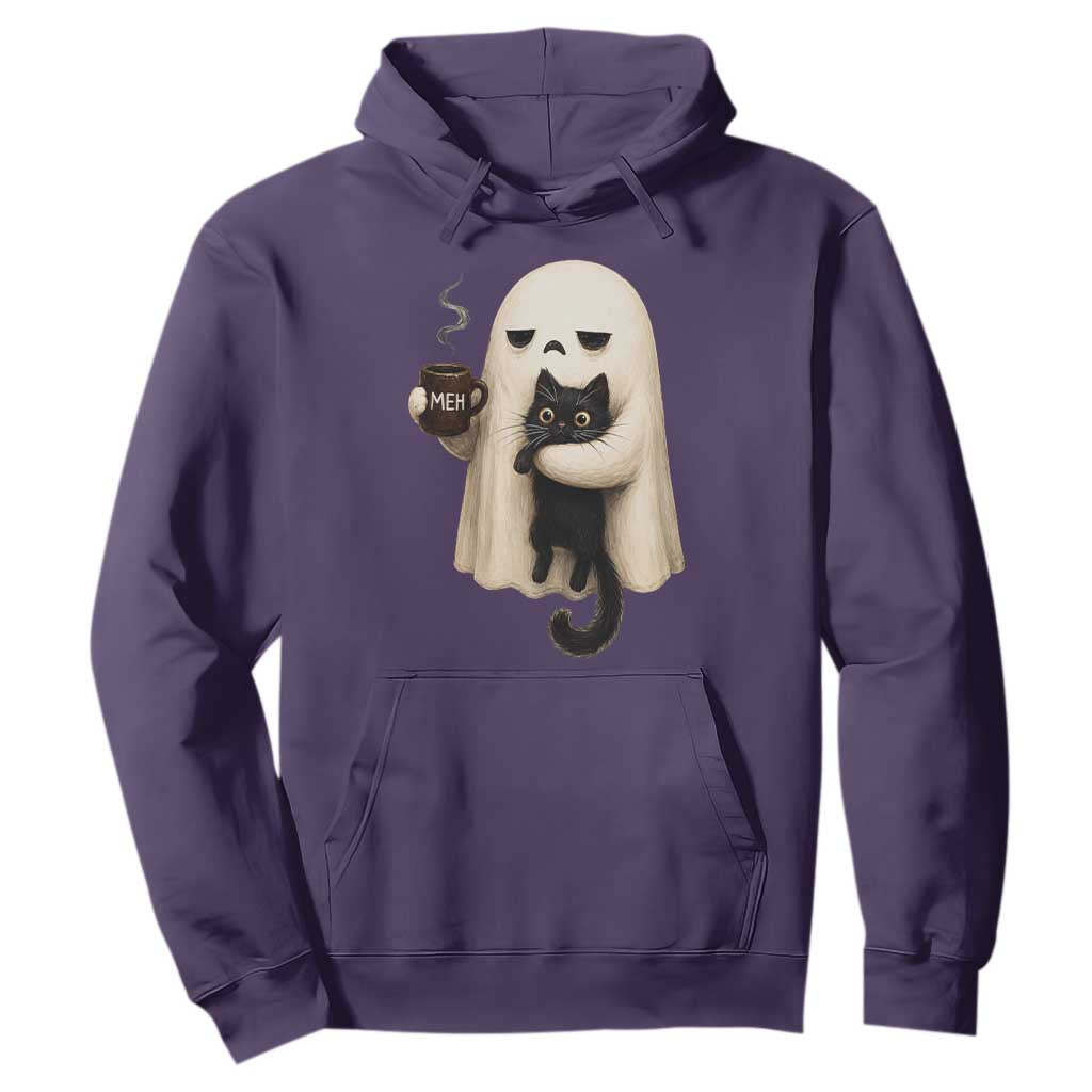 Meh Boojee Sleepy Ghost Holding Black Cat Drinking Coffee Hoodie Spooky Halloween Cute Autumn Morning Mood Graphic