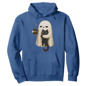 Meh Boojee Sleepy Ghost Holding Black Cat Drinking Coffee Hoodie Spooky Halloween Cute Autumn Morning Mood Graphic