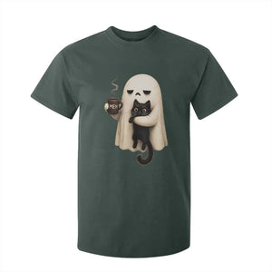 Meh Boojee Sleepy Ghost Holding Black Cat Drinking Coffee T Shirt For Kid Spooky Halloween Cute Autumn Morning Mood Graphic