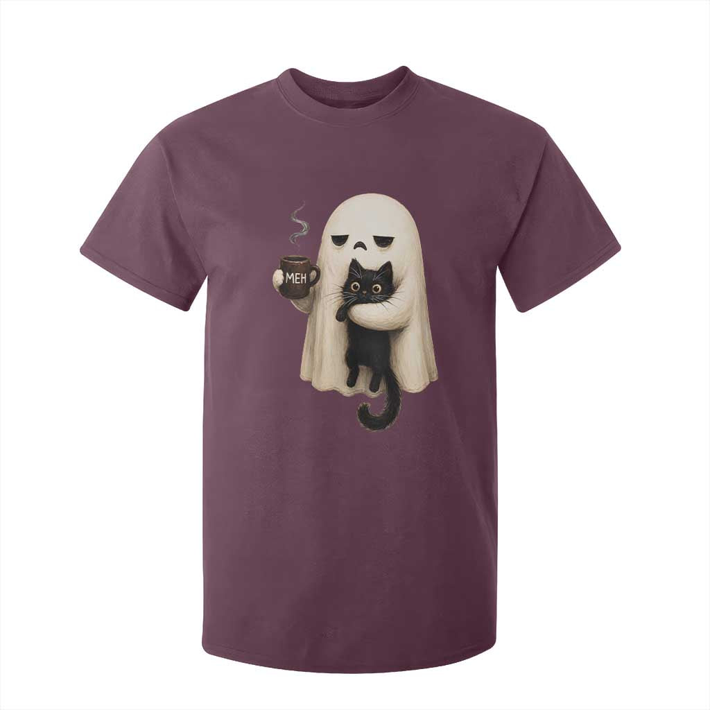 Meh Boojee Sleepy Ghost Holding Black Cat Drinking Coffee T Shirt For Kid Spooky Halloween Cute Autumn Morning Mood Graphic