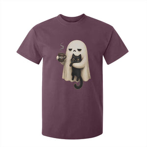 Meh Boojee Sleepy Ghost Holding Black Cat Drinking Coffee T Shirt For Kid Spooky Halloween Cute Autumn Morning Mood Graphic