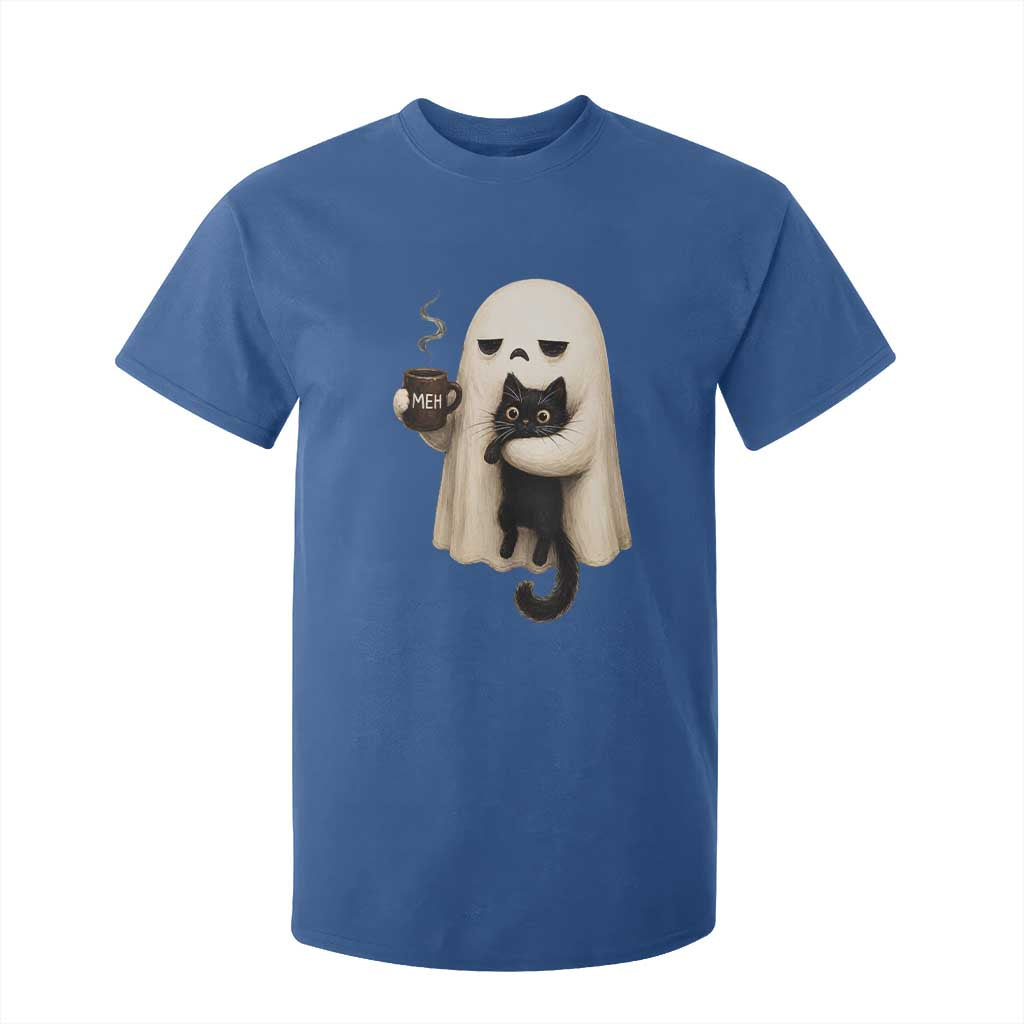 Meh Boojee Sleepy Ghost Holding Black Cat Drinking Coffee T Shirt For Kid Spooky Halloween Cute Autumn Morning Mood Graphic