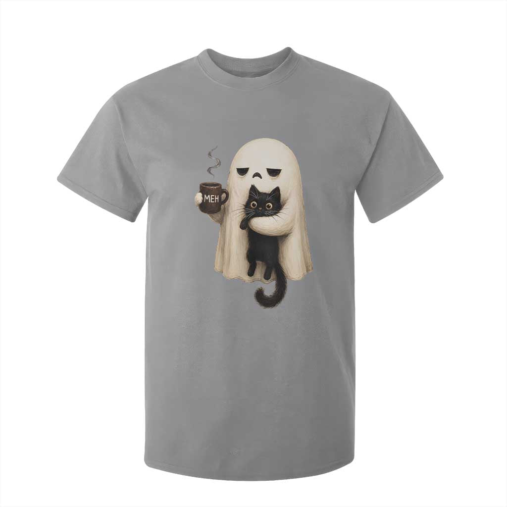 Meh Boojee Sleepy Ghost Holding Black Cat Drinking Coffee T Shirt For Kid Spooky Halloween Cute Autumn Morning Mood Graphic
