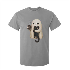 Meh Boojee Sleepy Ghost Holding Black Cat Drinking Coffee T Shirt For Kid Spooky Halloween Cute Autumn Morning Mood Graphic