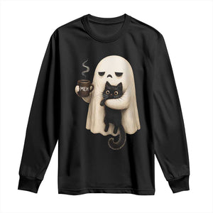Meh Boojee Sleepy Ghost Holding Black Cat Drinking Coffee Long Sleeve Shirt Spooky Halloween Cute Autumn Morning Mood Graphic