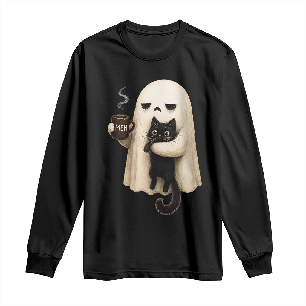 Meh Boojee Sleepy Ghost Holding Black Cat Drinking Coffee Long Sleeve Shirt Spooky Halloween Cute Autumn Morning Mood Graphic TS02 Black Print Your Wear