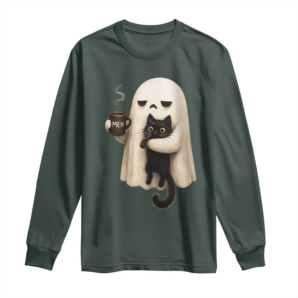 Meh Boojee Sleepy Ghost Holding Black Cat Drinking Coffee Long Sleeve Shirt Spooky Halloween Cute Autumn Morning Mood Graphic
