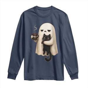 Meh Boojee Sleepy Ghost Holding Black Cat Drinking Coffee Long Sleeve Shirt Spooky Halloween Cute Autumn Morning Mood Graphic