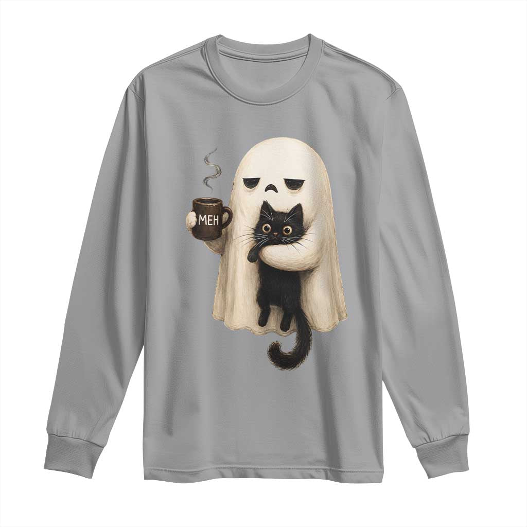 Meh Boojee Sleepy Ghost Holding Black Cat Drinking Coffee Long Sleeve Shirt Spooky Halloween Cute Autumn Morning Mood Graphic