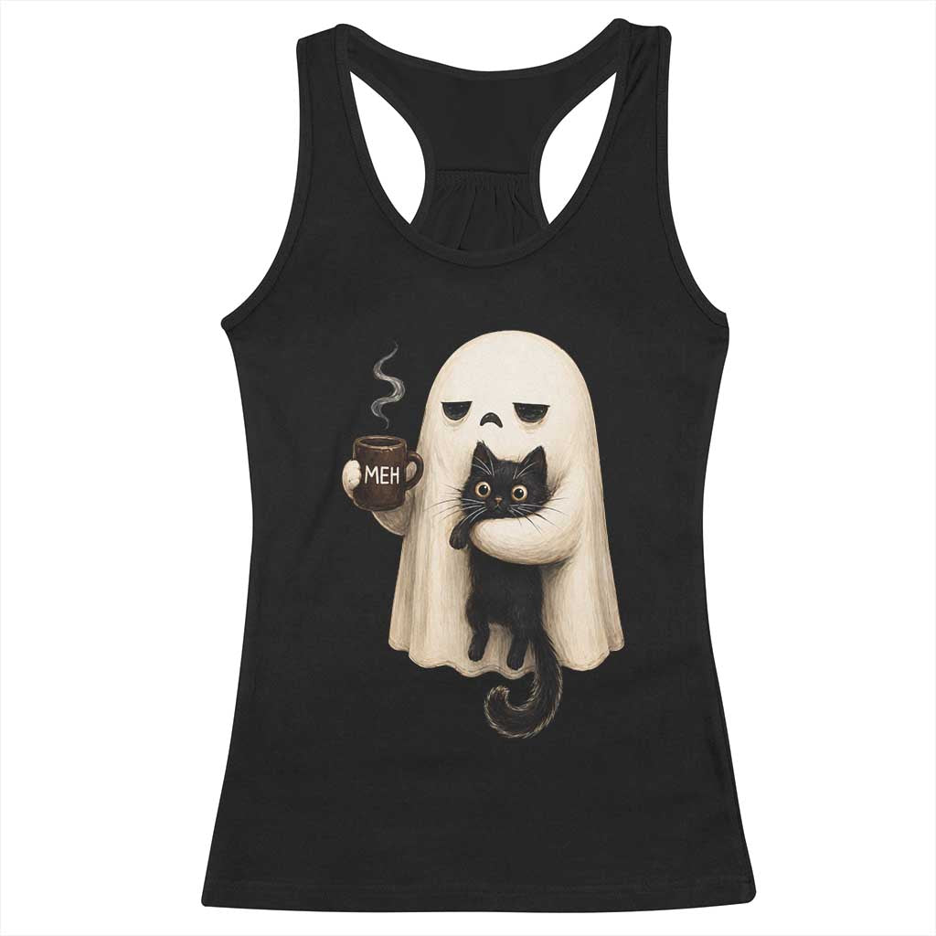 Meh Boojee Sleepy Ghost Holding Black Cat Drinking Coffee Racerback Tank Top Spooky Halloween Cute Autumn Morning Mood Graphic TS02 Black Print Your Wear