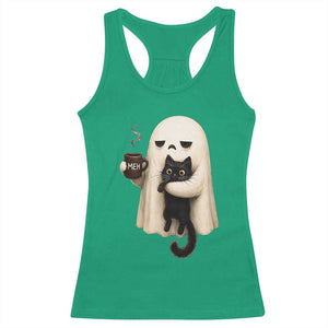 Meh Boojee Sleepy Ghost Holding Black Cat Drinking Coffee Racerback Tank Top Spooky Halloween Cute Autumn Morning Mood Graphic