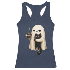 Meh Boojee Sleepy Ghost Holding Black Cat Drinking Coffee Racerback Tank Top Spooky Halloween Cute Autumn Morning Mood Graphic