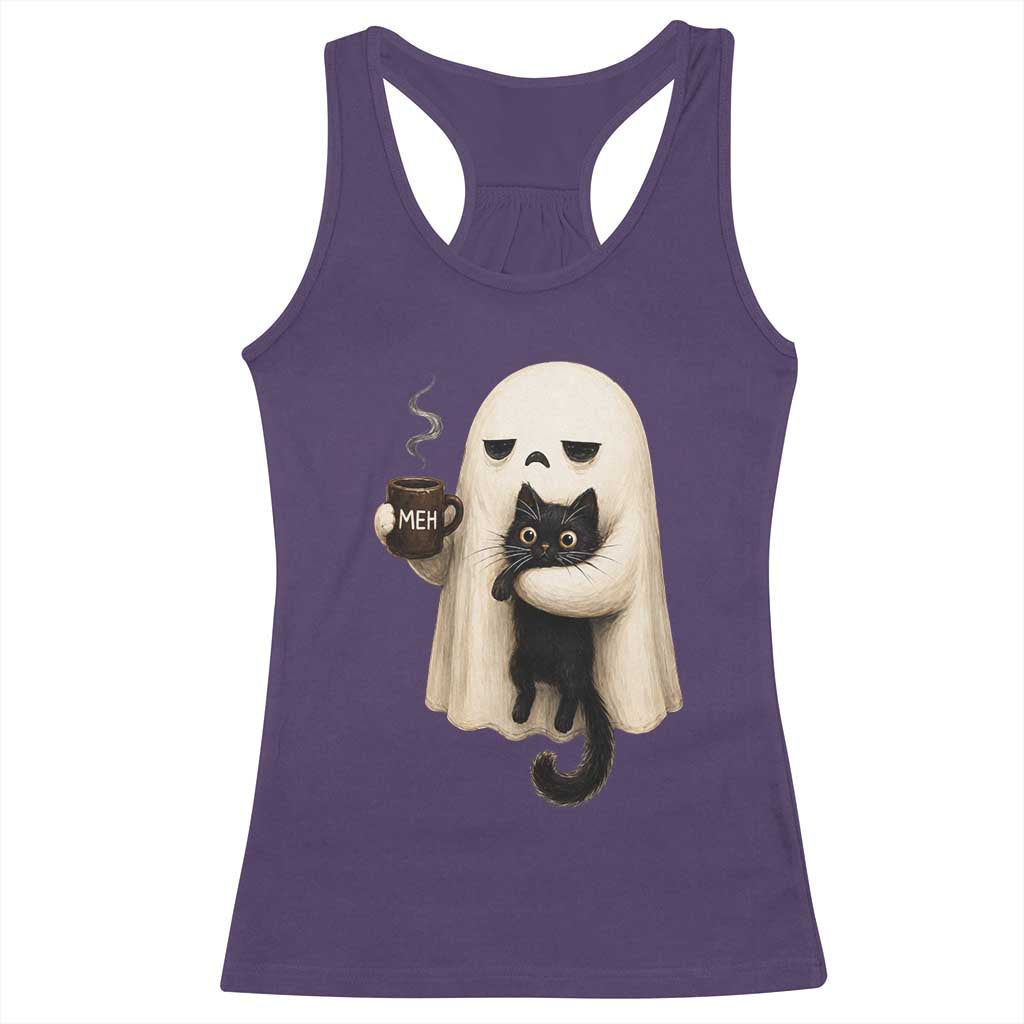 Meh Boojee Sleepy Ghost Holding Black Cat Drinking Coffee Racerback Tank Top Spooky Halloween Cute Autumn Morning Mood Graphic