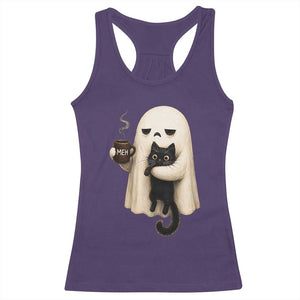 Meh Boojee Sleepy Ghost Holding Black Cat Drinking Coffee Racerback Tank Top Spooky Halloween Cute Autumn Morning Mood Graphic