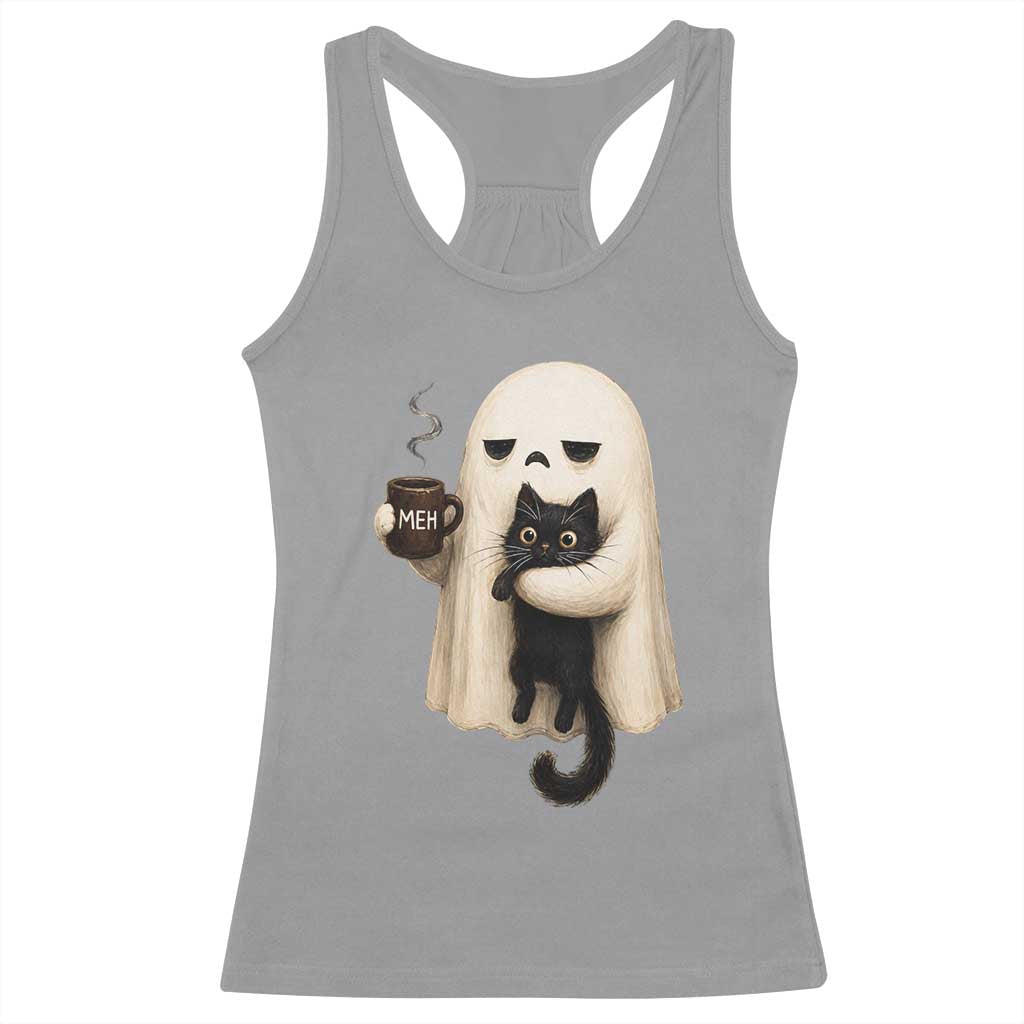 Meh Boojee Sleepy Ghost Holding Black Cat Drinking Coffee Racerback Tank Top Spooky Halloween Cute Autumn Morning Mood Graphic