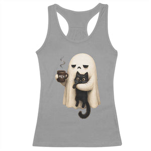 Meh Boojee Sleepy Ghost Holding Black Cat Drinking Coffee Racerback Tank Top Spooky Halloween Cute Autumn Morning Mood Graphic