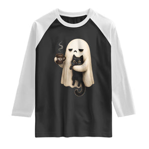 Meh Boojee Sleepy Ghost Holding Black Cat Drinking Coffee Raglan Shirt Spooky Halloween Cute Autumn Morning Mood Graphic