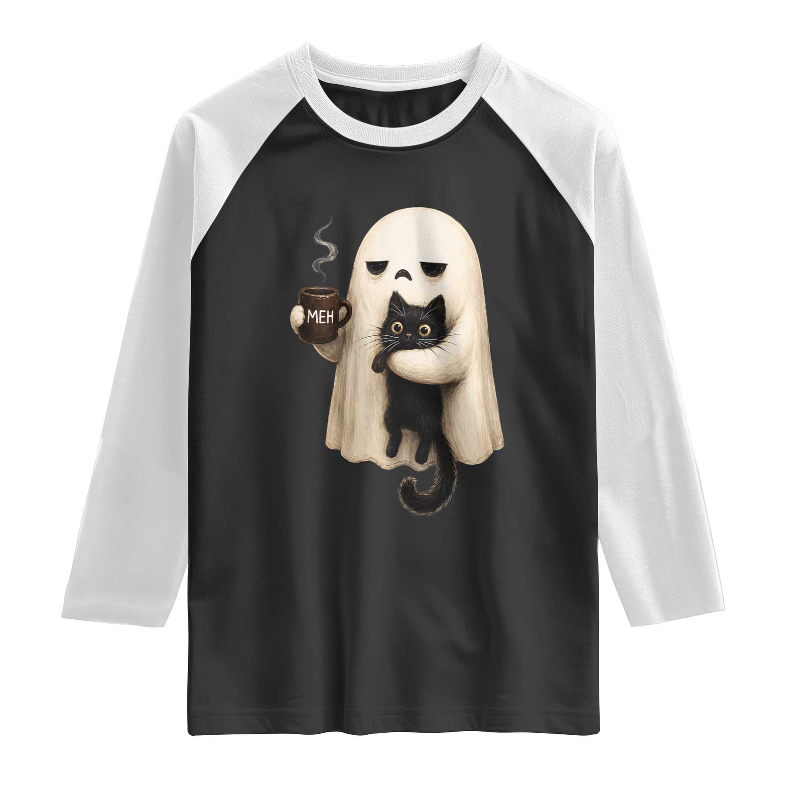 Meh Boojee Sleepy Ghost Holding Black Cat Drinking Coffee Raglan Shirt Spooky Halloween Cute Autumn Morning Mood Graphic TS02 Black White Print Your Wear