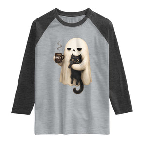Meh Boojee Sleepy Ghost Holding Black Cat Drinking Coffee Raglan Shirt Spooky Halloween Cute Autumn Morning Mood Graphic