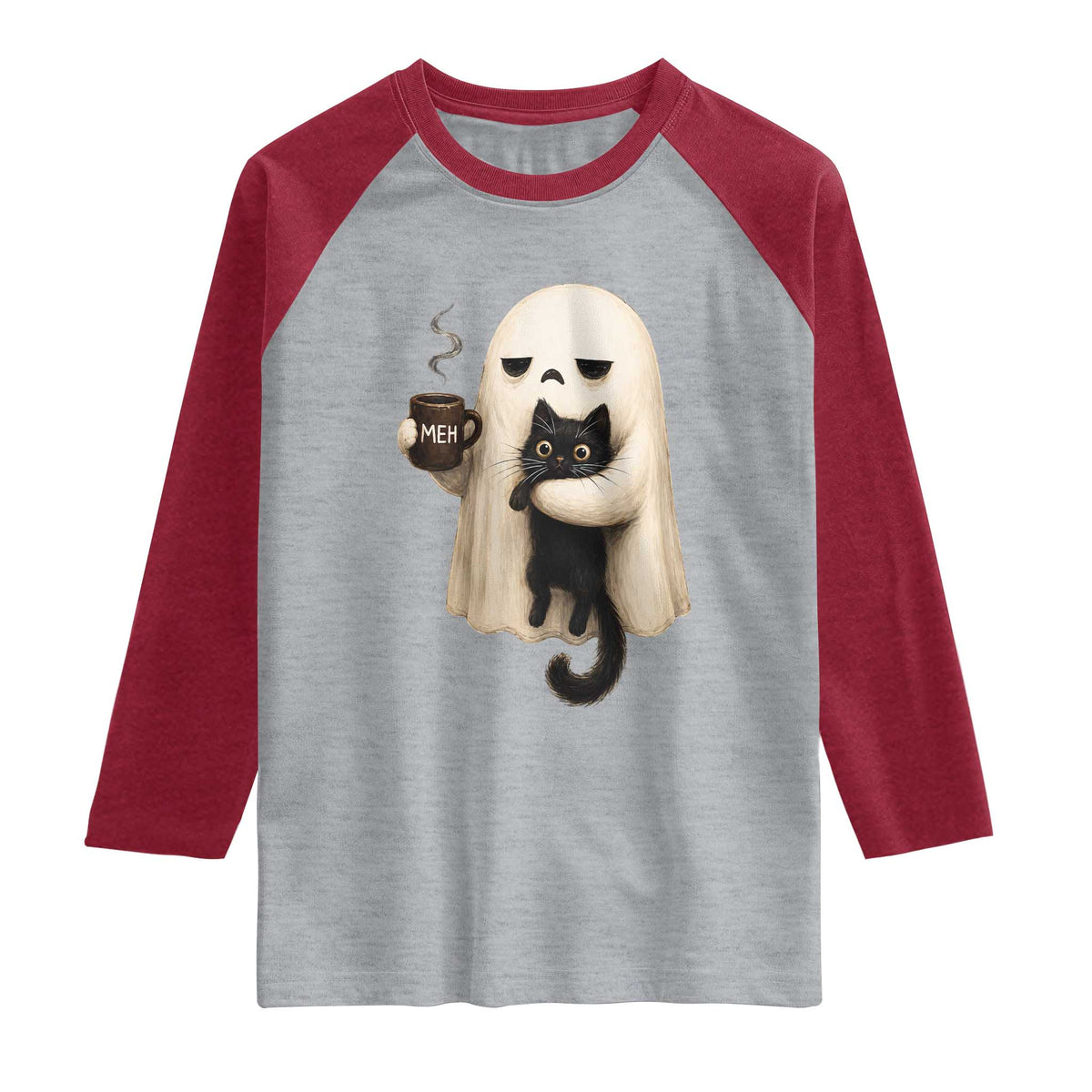 Meh Boojee Sleepy Ghost Holding Black Cat Drinking Coffee Raglan Shirt Spooky Halloween Cute Autumn Morning Mood Graphic