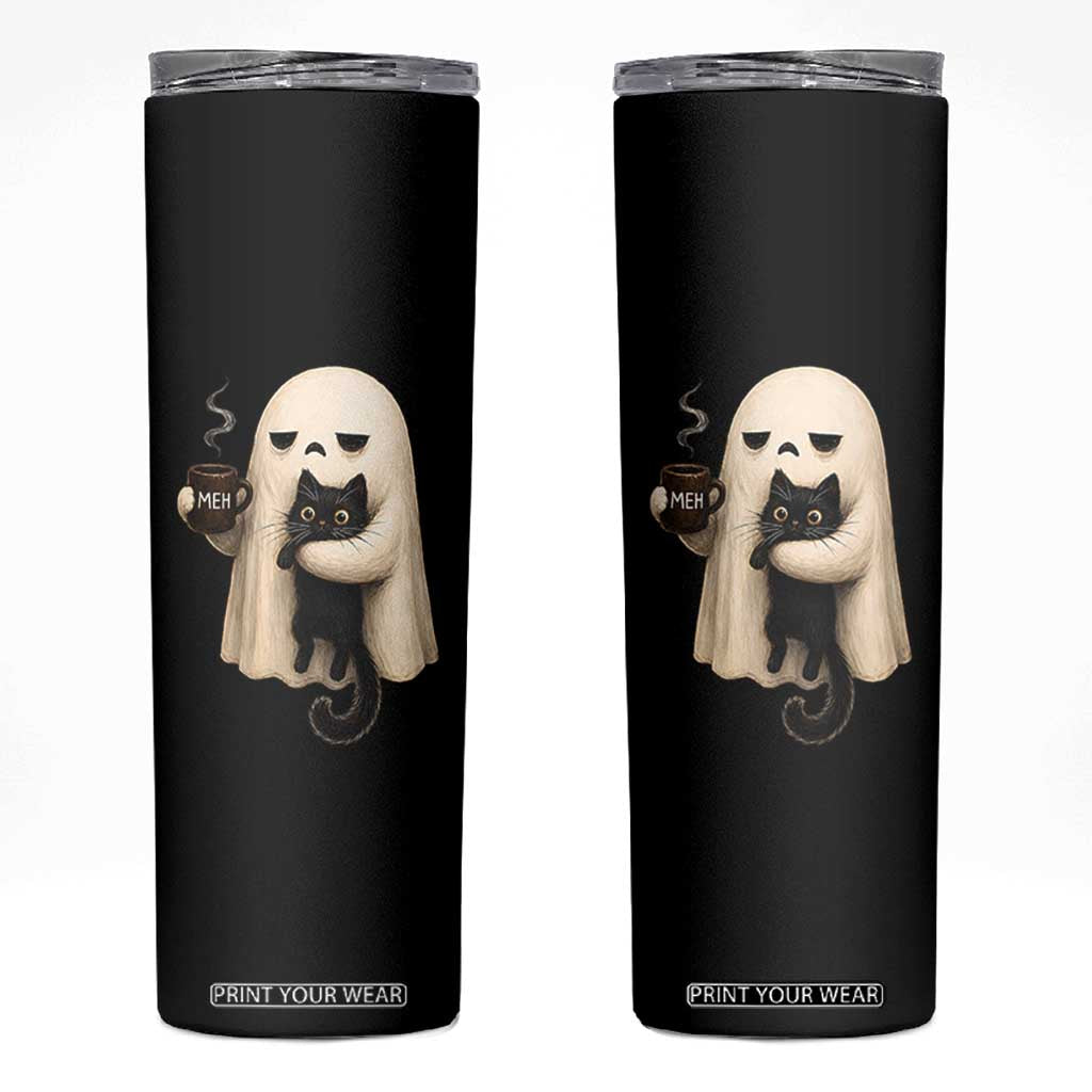 Meh Boojee Sleepy Ghost Holding Black Cat Drinking Coffee Skinny Tumbler Spooky Halloween Cute Autumn Morning Mood Graphic TS02 Black Print Your Wear