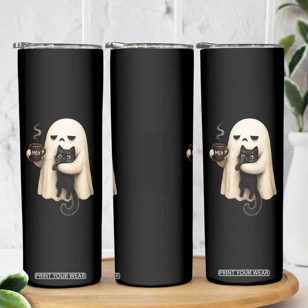 Meh Boojee Sleepy Ghost Holding Black Cat Drinking Coffee Skinny Tumbler Spooky Halloween Cute Autumn Morning Mood Graphic