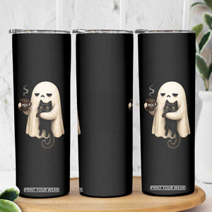 Meh Boojee Sleepy Ghost Holding Black Cat Drinking Coffee Skinny Tumbler Spooky Halloween Cute Autumn Morning Mood Graphic